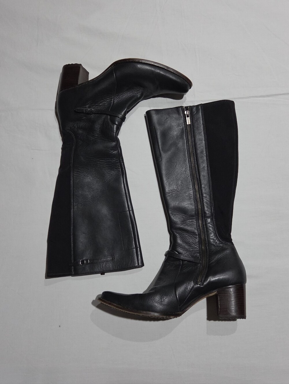 Timberland Black Leather Knee High Heeled Boots 9M Side Zipper - Picture 2 of 8